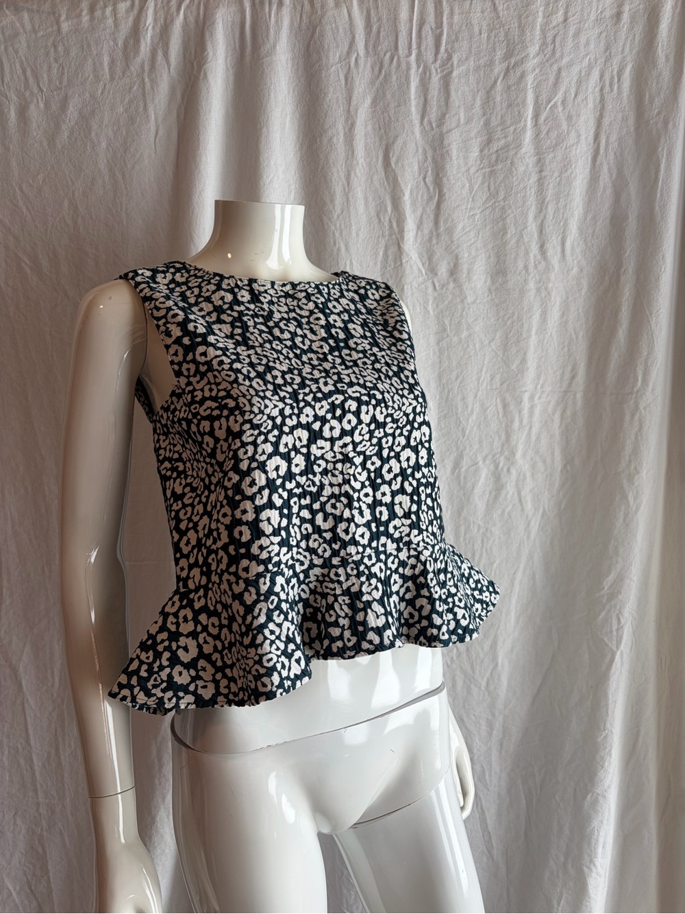 Zara Dark Green & White Leopard Peplum Sleeveless Top